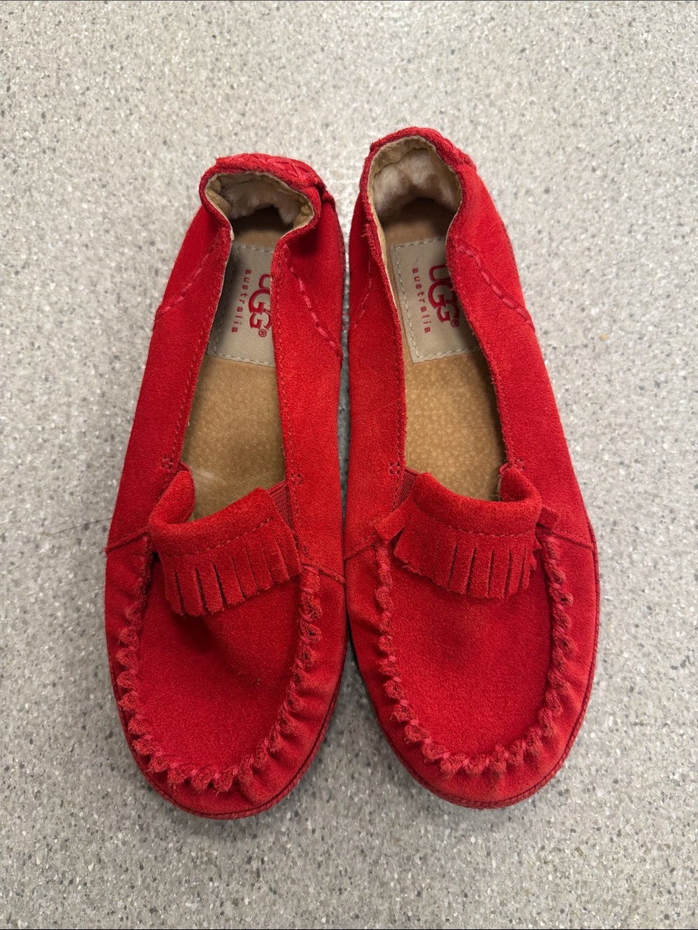 UGG Kids Red Suede Fringe Moccasins